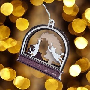3D Layered Wood Christmas Ornament – Two White Cats with Christmas Tree Scene